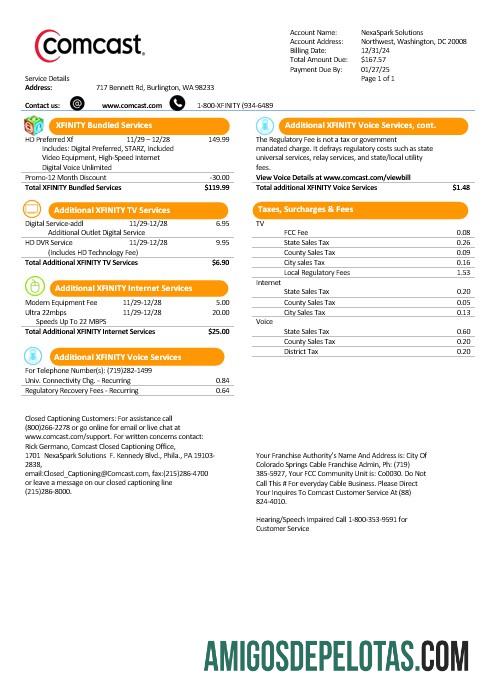 Em branco modelo de conta de serviços públicos da USA Utah Comcast em formatos Word e PDF, versão 1
